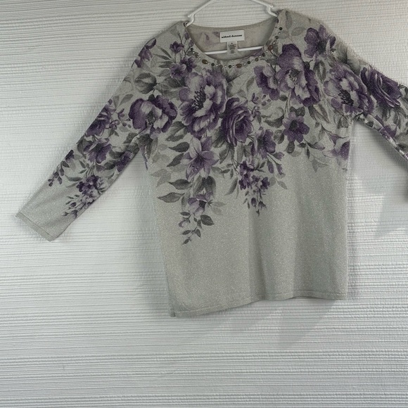 Women’s Floral Glitter Knit Top with Embellished Neckline - Purple/Gray - Picture 15 of 16
